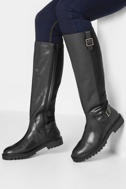 Lts Black Buckle Leather Knee High Boots In Standard Fit Standard > 10 Lts | Tall Women's Leather Boots