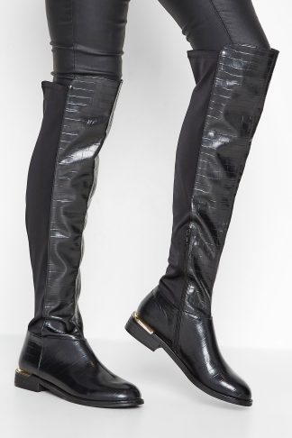 Lts Black Knee High 50/50 Faux Leather Croc Boots In Standard Fit D > 13 Lts | Tall Women's Knee High Boots