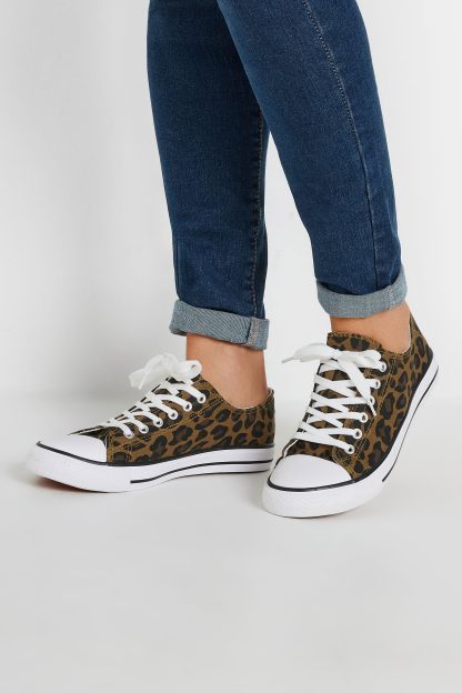 Lts Brown Leopard Print Canvas Low Trainers In Standard Fit Standard > 10 Lts | Tall Women's Lace Up Trainers