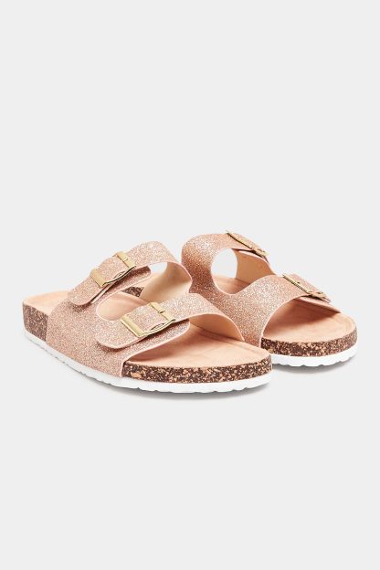 Lts Pink Glitter Buckle Footbed Sandals In Standard D Fit D > 12 Lts | Tall Women's Flat Sandals