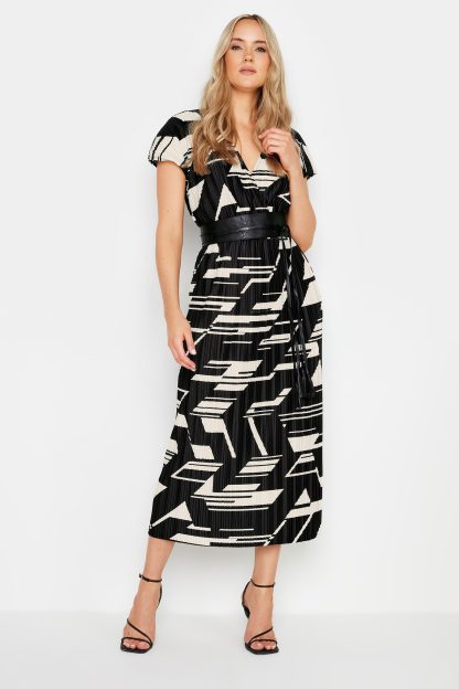 Lts Tall Black Abstract Print Pleat Midi Dress 22-24 Lts | Tall Women's Midi Dresses