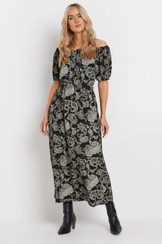 Lts Tall Black Paisley Print Bardot Midaxi Dress 10 Lts | Tall Women's Maxi Dresses