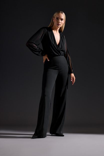 Lts Tall Black Wrap Mesh Sleeve Jumpsuit 10 Lts | Tall Women's Jumpsuits