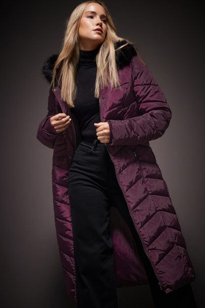 Lts Tall Burgundy Red Faux Fur Trim Padded Longline Coat 22-24 Lts | Tall Women's Coats