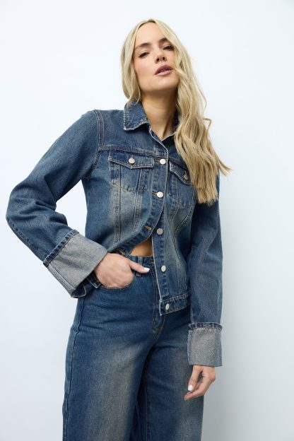 Lts Tall Dark Blue Washed Denim Turn Up Sleeve Jacket 22-24 Lts | Tall Women's Denim Jackets