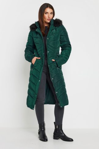 Lts Tall Green Faux Fur Trim Padded Longline Coat 22-24 Lts | Tall Women's Coats