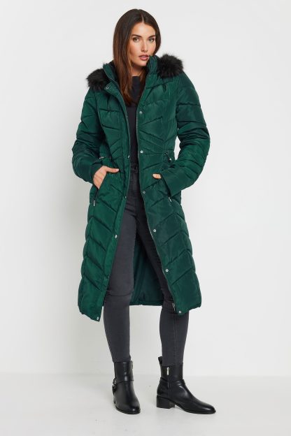 Lts Tall Green Faux Fur Trim Padded Longline Coat 22-24 Lts | Tall Women's Coats