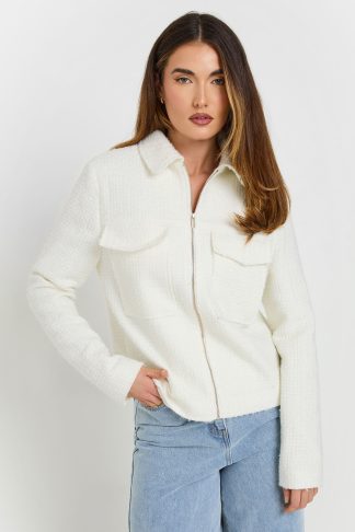 Lts Tall Ivory White Boucle Zip Bomber Jacket 8 Lts | Tall Women's Bomber Jackets