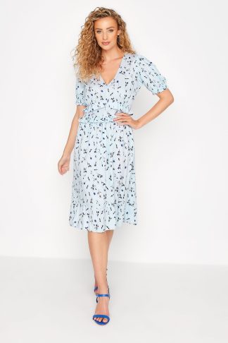 Lts Tall Light Blue Floral Print Frill Midi Dress 12 Lts | Tall Women's Midi Dresses