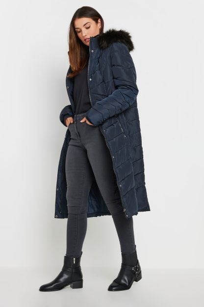 Lts Tall Navy Blue Faux Fur Trim Padded Longline Coat 22-24 Lts | Tall Women's Coats