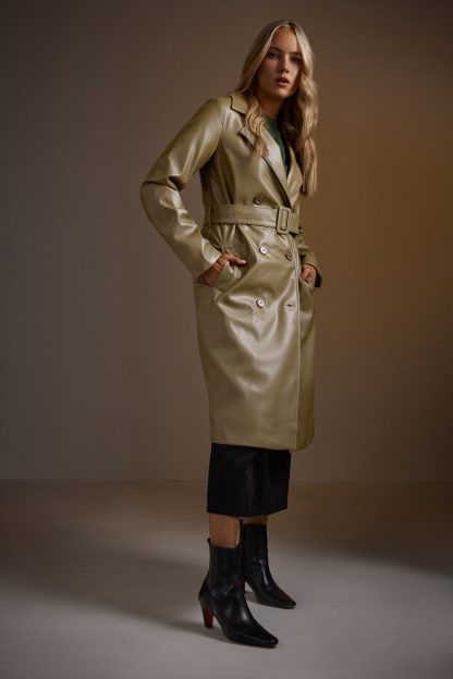 Lts Tall Olive Green Faux Leather Trench Coat 18 Lts | Tall Women's Faux Leather Jackets