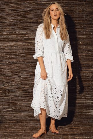 Lts Tall White Broderie Anglaise Maxi Shirt Dress 24 Lts | Tall Women's Maxi Dresses