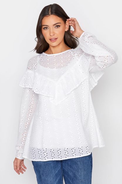 Lts Tall White Broderie Anglaise Ruffle Top 26-28 Lts | Tall Women's Day Tops