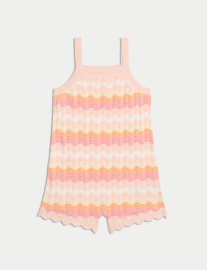 M&S Collection Girls Pure Cotton Knitted Playsuit (2-8 Yrs) - 2-3 Y - Orange Mix, Orange Mix