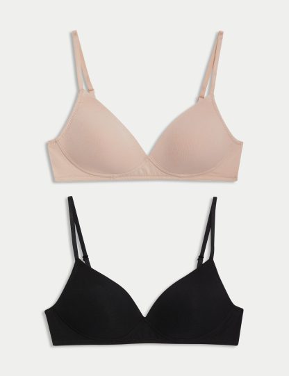 M&S Collection Women's 2 Pack Cotton Rich Non Wired First Bras (A-D) - 32A - Black Mix, Black Mix,White/White