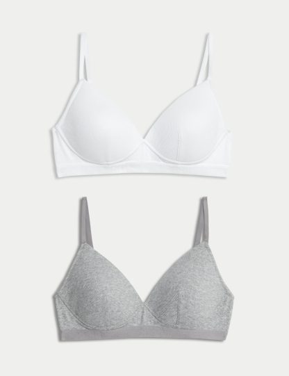 M&S Collection Women's 2 Pack Non Wired Cotton Rich Ribbed First Bras AA-D - 30C - White Mix, Oatmeal Mix,Pink Mix,White Mix