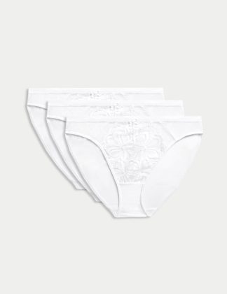 M&S Collection Women's 3pk Amelia Lace High Leg Knickers - 14 - White, Dark Raspberry,Black,Opaline,Blue Mix,White,Taupe