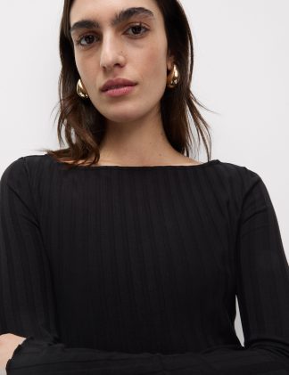 M&S Collection Women's Cotton Rich Ribbed Off The Shoulder Top - 14 - Black, Black,Green