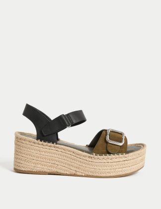 M&S Collection Women's Leather Buckle Flatform Espadrilles - 5 - Black Mix, Black Mix,Tan