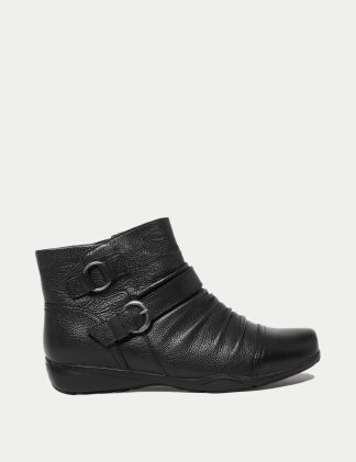 M&S Collection Women's Wide Fit Leather Buckle Ruched Ankle Boots - 5 - Black, Black