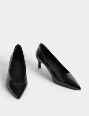 M&S Collection Women's Wide Fit Leather Kitten Heel Court Shoes - 6 - Black, Black