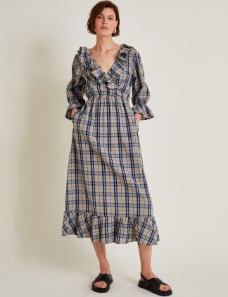 Monsoon Women's Pure Cotton Checked V-Neck Midi Smock Dress - Natural Mix, Natural Mix