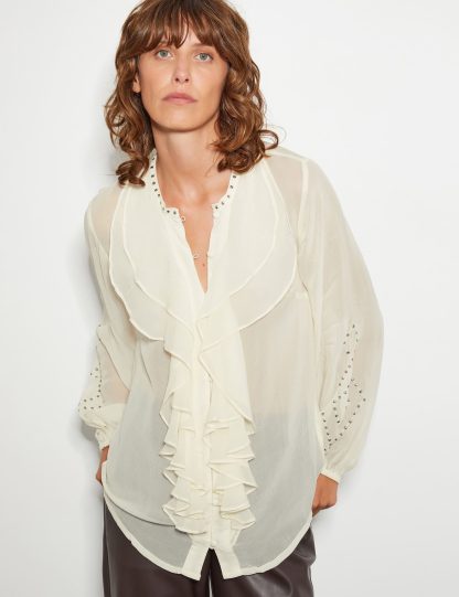 Monsoon Women's Sheer Embellished Round Neck Ruffle Blouse - XL - Ivory, Ivory