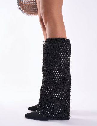 Night Life Black Diamante Suede Fold Over Knee High Boots