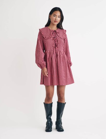 Nobody'S Child Women's Pure Cotton Checked Mini Smock Dress - 14 - Red Mix, Red Mix