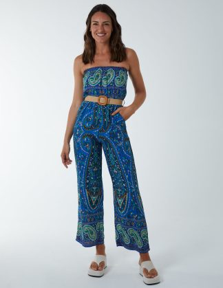 Paisley Woven Belted Bandeau Jumpsuit - 8 / BLUE