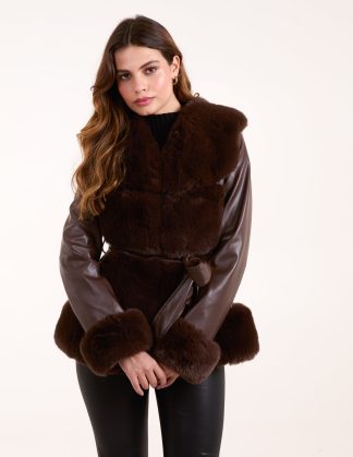 Panel Faux Fur Pu Belted Coat - 10 / CHOCOLATE