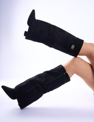 Say Yes Black Faux Suede Padlock Fold Over Knee High Boots