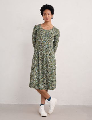 Seasalt Cornwall Women's Pure Cotton Floral Midi Skater Dress - 8LNG - Green Mix, Green Mix