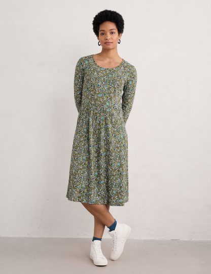 Seasalt Cornwall Women's Pure Cotton Floral Midi Skater Dress - 8LNG - Green Mix, Green Mix