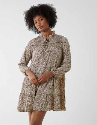 Shirred Cheetah Smock Dress - 8 / STONE