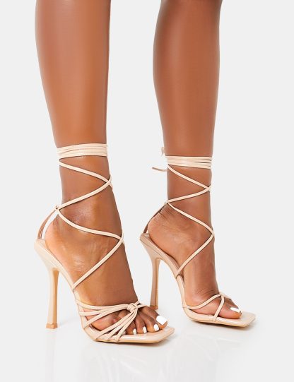 Solange Nude Patent Lace Up Strappy Square Toe High Heels