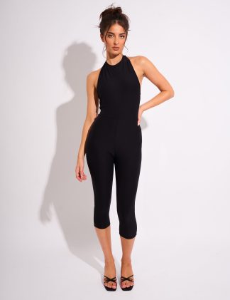 Tie Back Luxe Slinky Capri Jumpsuit Black