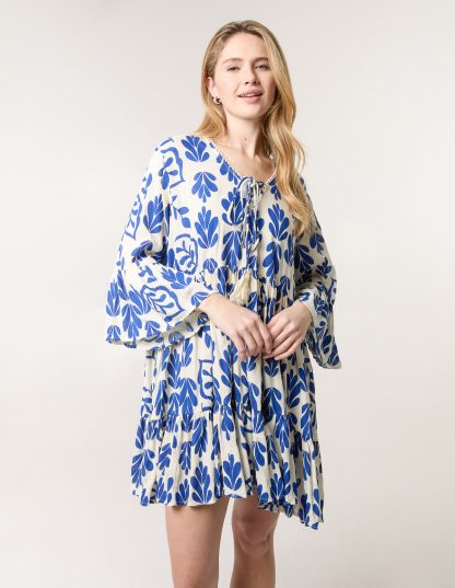 Tie Front Smock Dress - M / BLUE