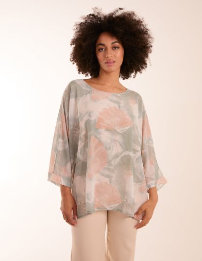 Watercolour Feather Shell Print Top - ONE / Sage