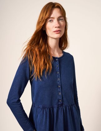 White Stuff Women's Jersey Round Neck Knee Length Smock Dress - 10 - Med Blue Denim, Med Blue Denim