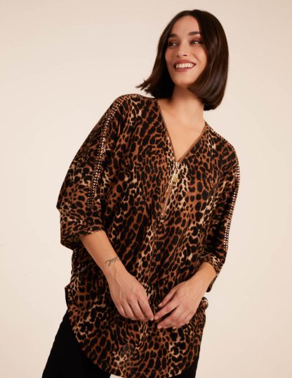 Zip Front Leopard Diamante Tunic Top - S/M / Animal