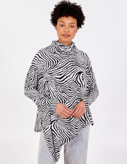 Abstract Zebra Oversized Cowl Neck Top - S/M / Cream/Black