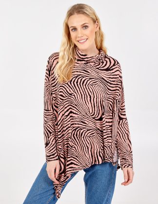 Abstract Zebra Oversized Cowl Neck Top - S/M / PINK