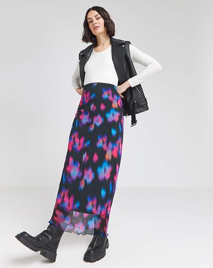 Blurred Floral Print Mesh Maxi Skirt