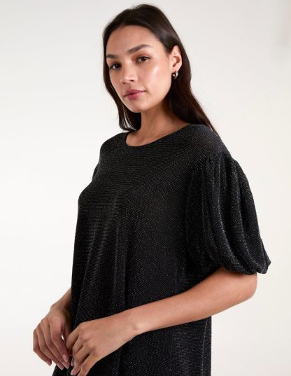 Bubble Sleeve Metallic High Low Top - ONE / BLACK/SILVER