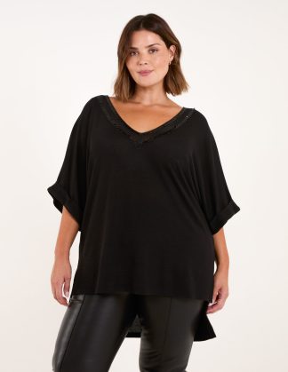 Curve Batwing Top With Sequin Neck Trim - ONE / BLACK