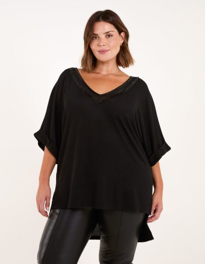 Curve Batwing Top With Sequin Neck Trim - ONE / BLACK