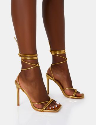 Dax Gold PU Barely There Lace Up Square Toe Stiletto Heels