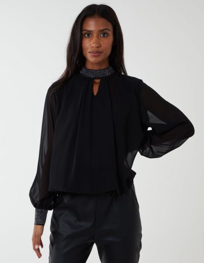 Diamante Collar & Cuff Puffball Top - M / BLACK