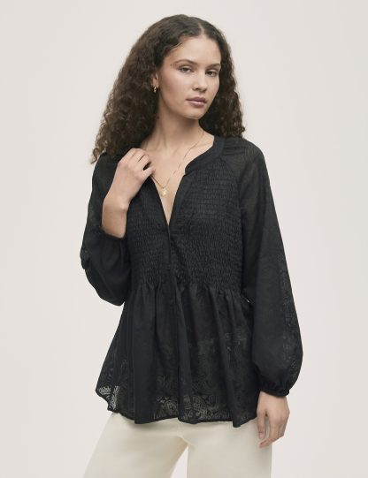 Finery London Women's Cotton Rich Chiffon Paisley Shirred Blouse - 12 - Black, White,Black,Navy